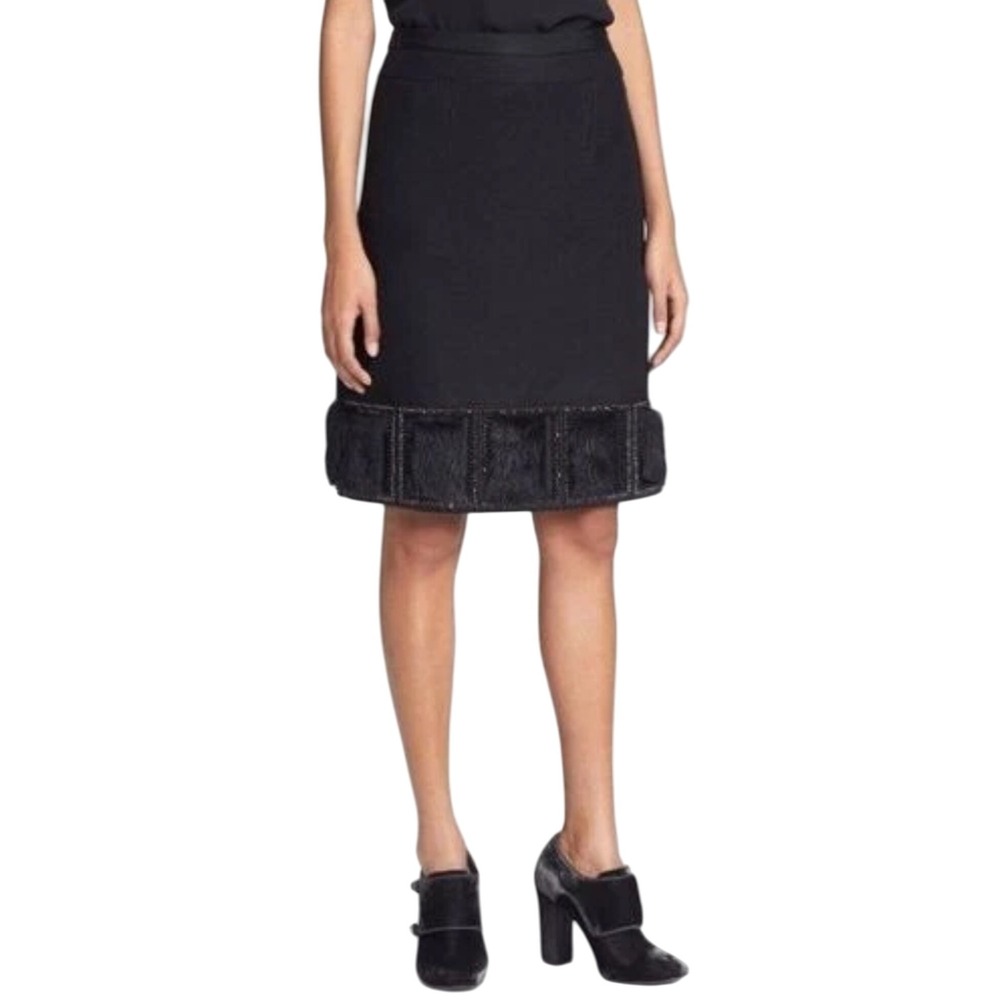 NEW Vtg TORY BURCH *Rare* Black‎ Wool Pencil Skirt Lamb Fur Rhinestone Bead Sz 0